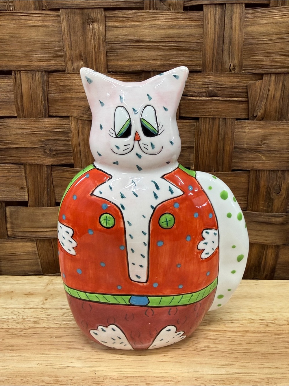 GANZ Red and White Cat Ceramic Bank with Green Accents